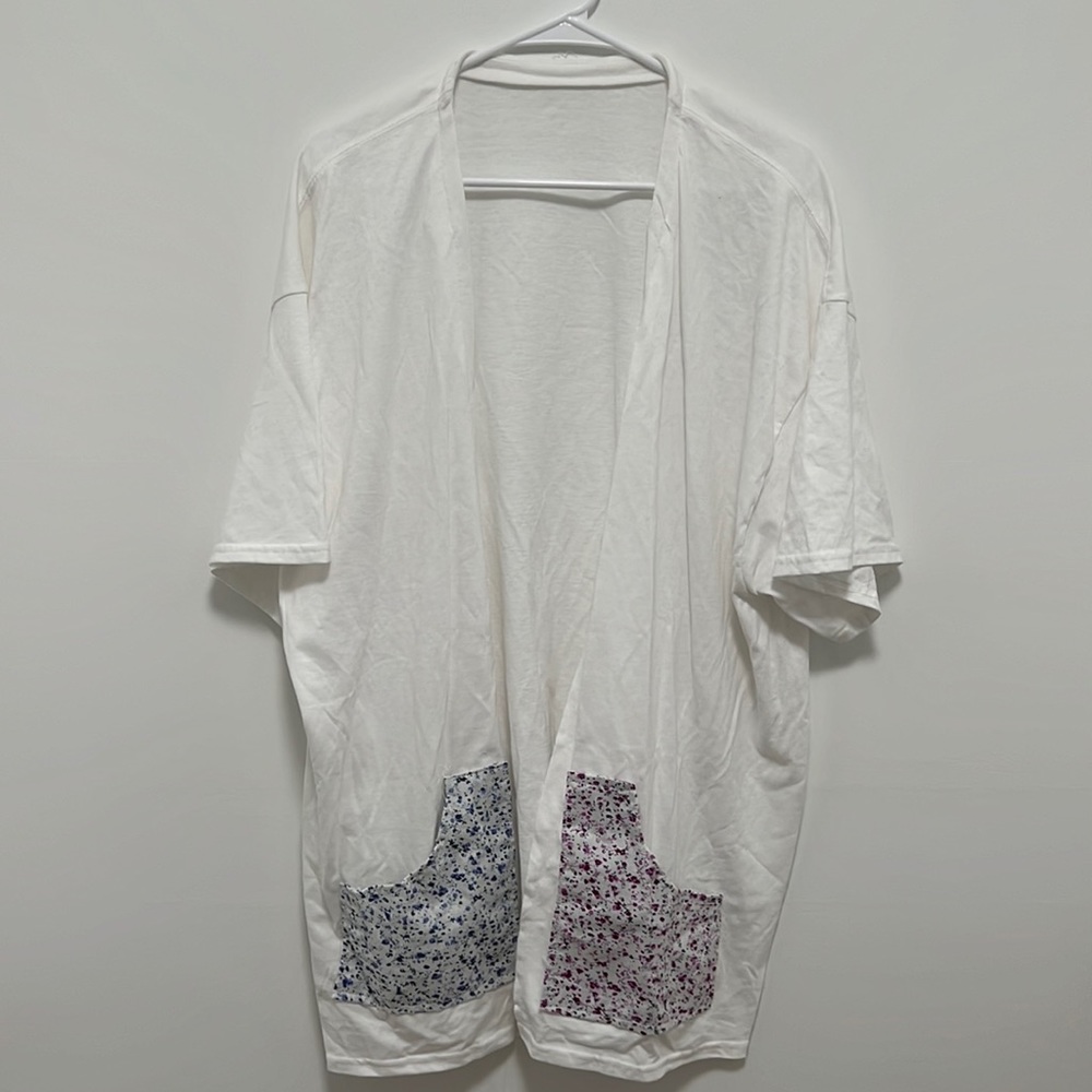 Blue and purple - Handmade oversized cardigan, floral design hand sewn, pockets